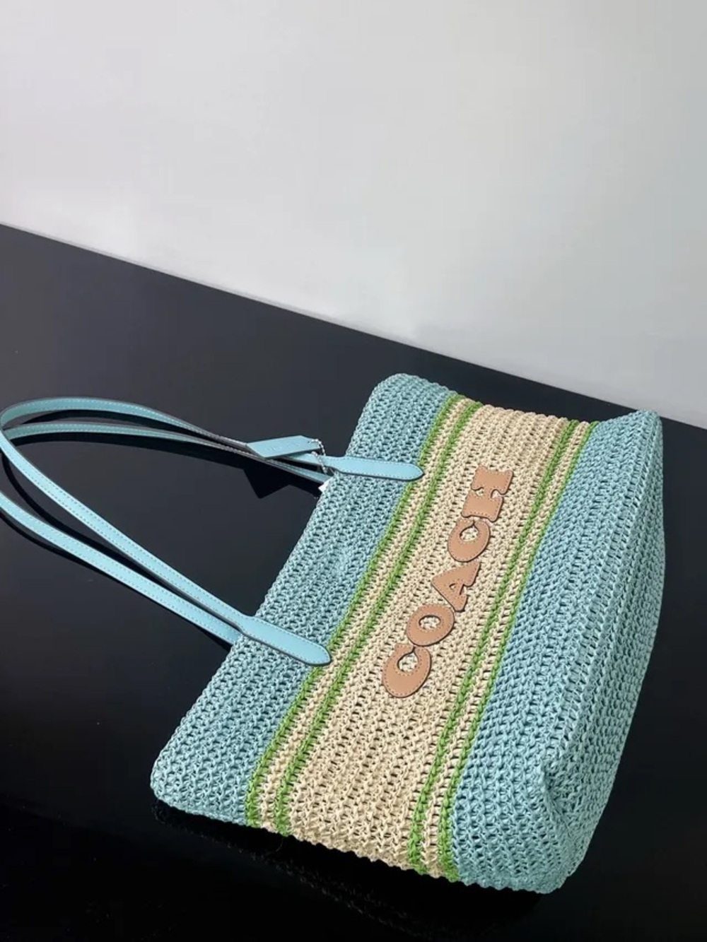 Coach Straw Tote in Light Blue, Cream and Green Stripes - Picture 4 of 6